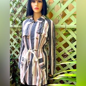 ANN TAYLOR LOFT LINEN STRIPED TRENCH COAT  SIZE SMALL